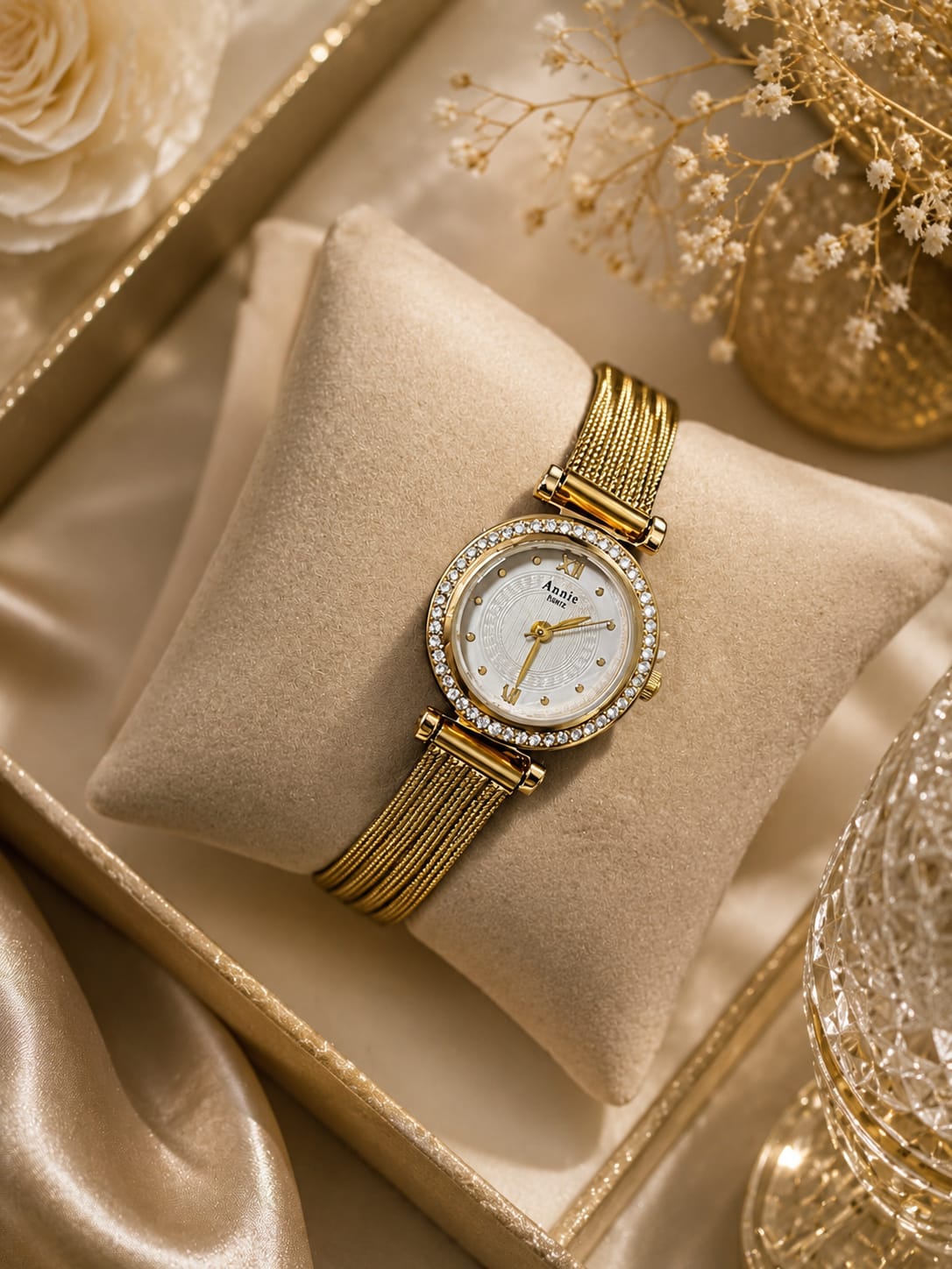 Women's Gold Crystal Mesh Strap Watch